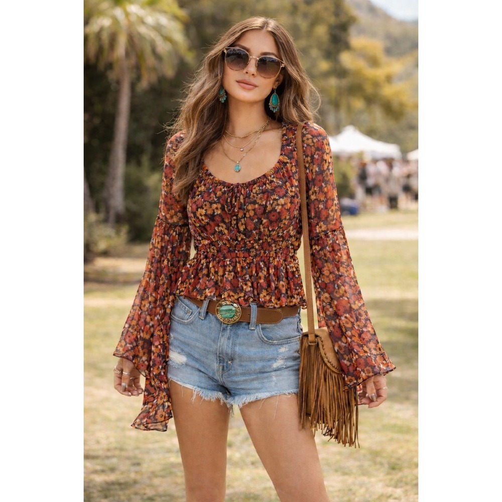 Mixed Threads Floral‎ Sheer Peplum Blouse Bell Sleeve Boho Top XL